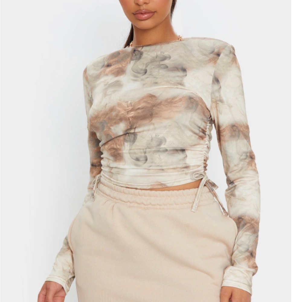 Pretty Little Thing PLT Beige Jersey Tie Ruched Side Long Sleeve Crop Top